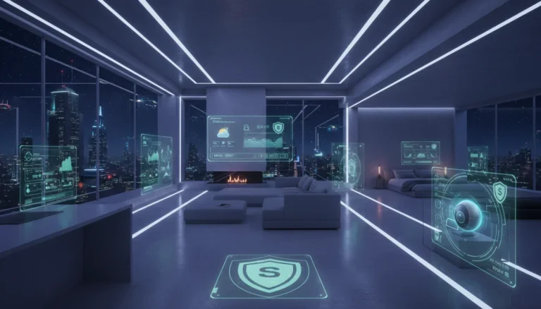 Futuristic smart home interior with advanced security features and connected devices