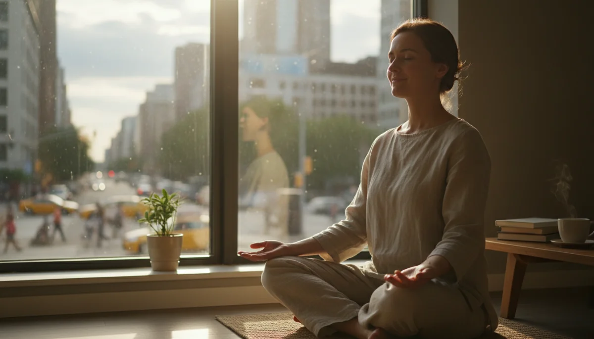 Serene individual meditating by a sunlit window, reflecting mental clarity and calm.