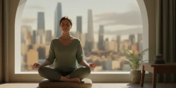Person meditating peacefully in a bright, modern room at sunrise, embracing a mindful morning
