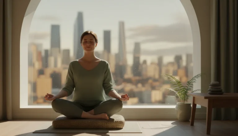 Person meditating peacefully in a bright, modern room at sunrise, embracing a mindful morning