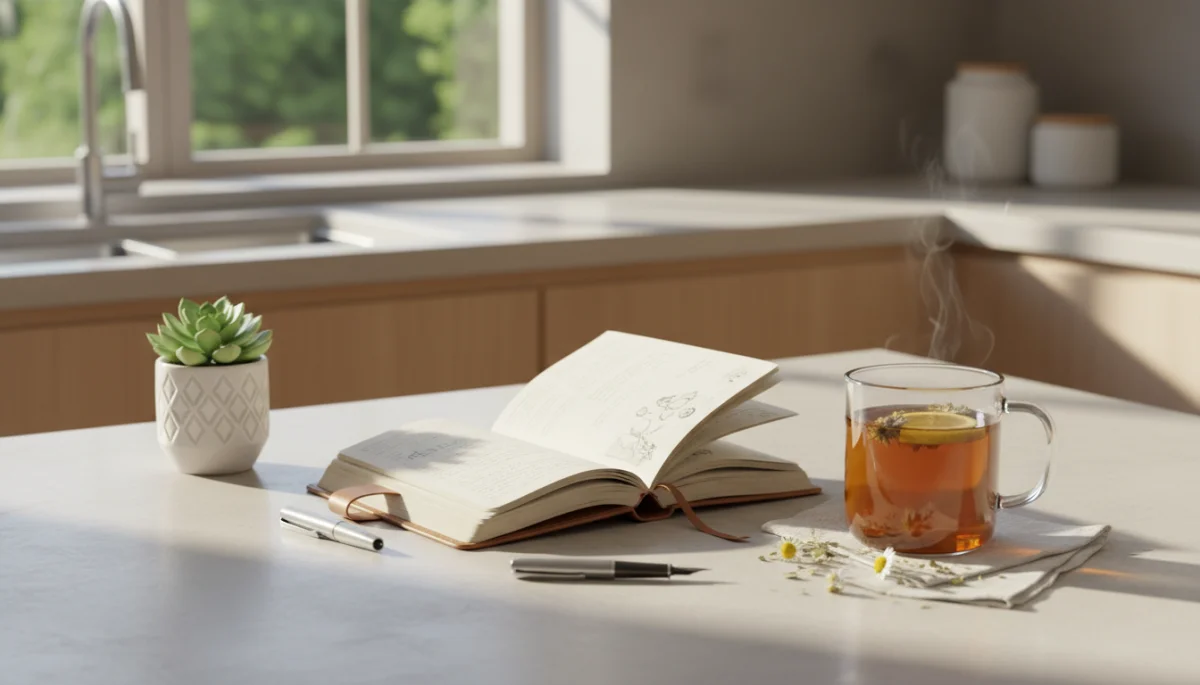Journal, pen, and tea on a kitchen counter for morning reflection