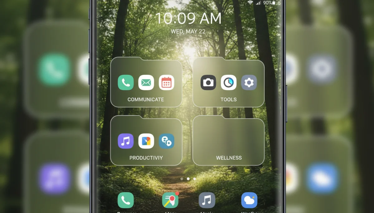 Organized smartphone home screen with app folders and minimalist wallpaper