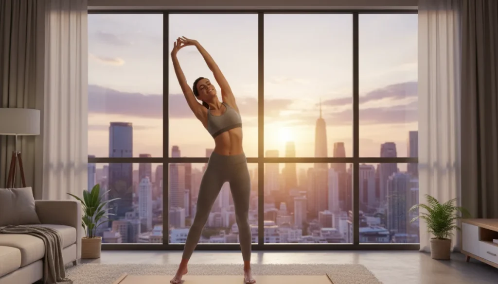 Refreshed person stretching in a modern living room at dawn, symbolizing renewed energy and vitality.
