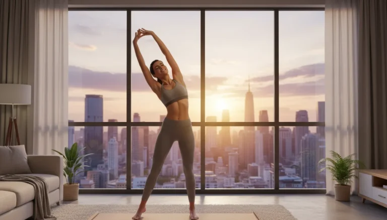 Refreshed person stretching in a modern living room at dawn, symbolizing renewed energy and vitality.