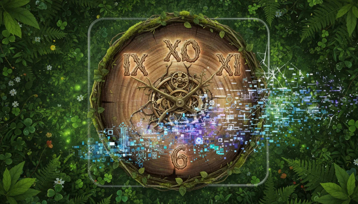 Clock face symbolizing 3 hours reclaimed, with digital elements transitioning to nature.