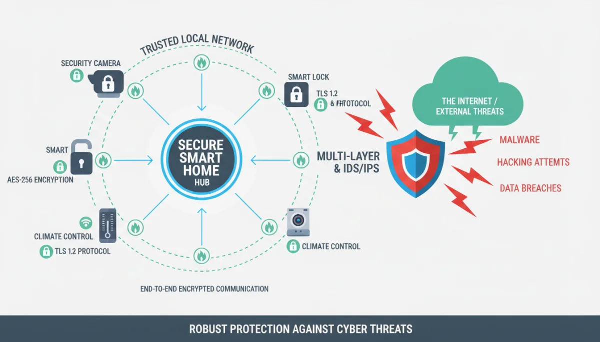 Secure smart home network diagram with encrypted connections and firewall protection