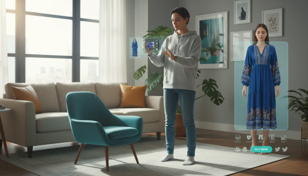 Augmented reality shopping experience with virtual try-on and product placement.