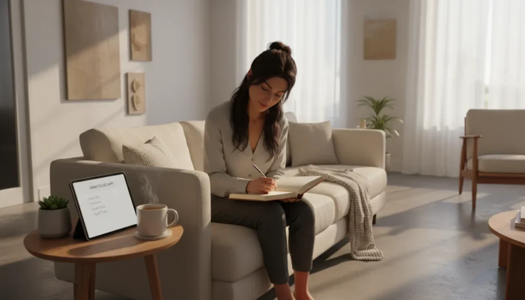 Person writing in a gratitude journal with a tablet and tea in a sunlit room.
