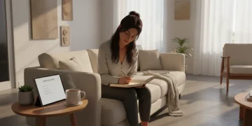 Person writing in a gratitude journal with a tablet and tea in a sunlit room.