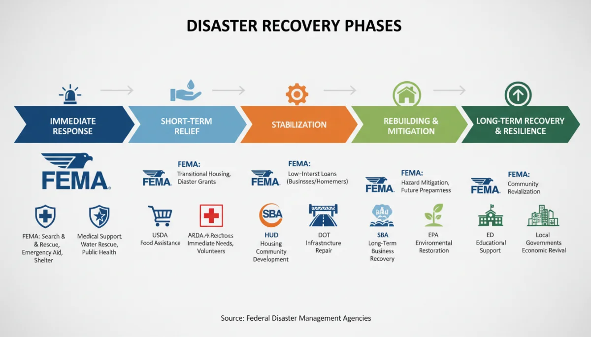 Infographic detailing disaster recovery phases and federal agency roles