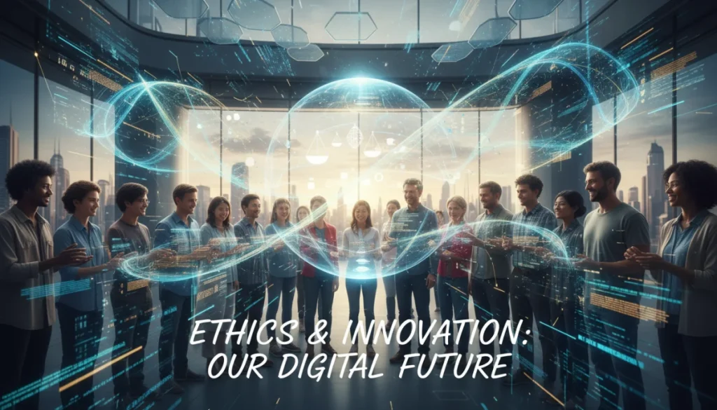 People collaborating responsibly with ethical AI systems in a futuristic digital environment.