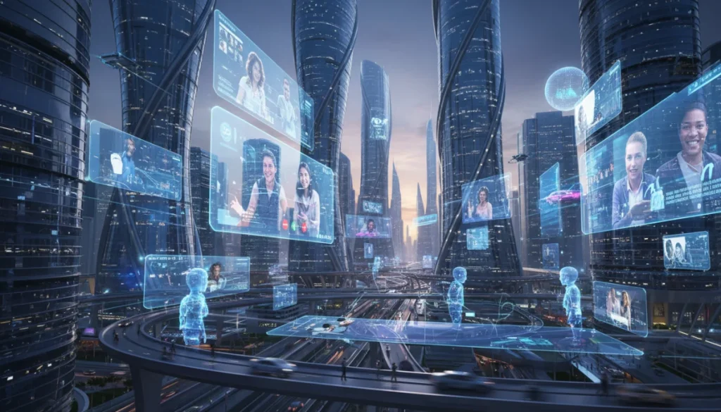 Futuristic digital communication landscape with holographic interfaces
