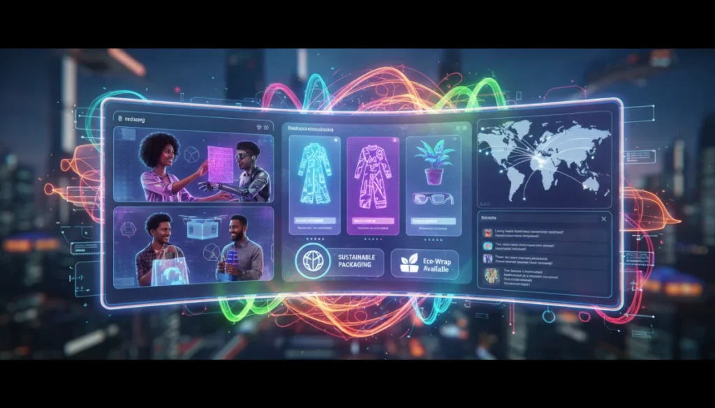 Futuristic e-commerce interface with AI personalization and sustainable product displays for 2026.