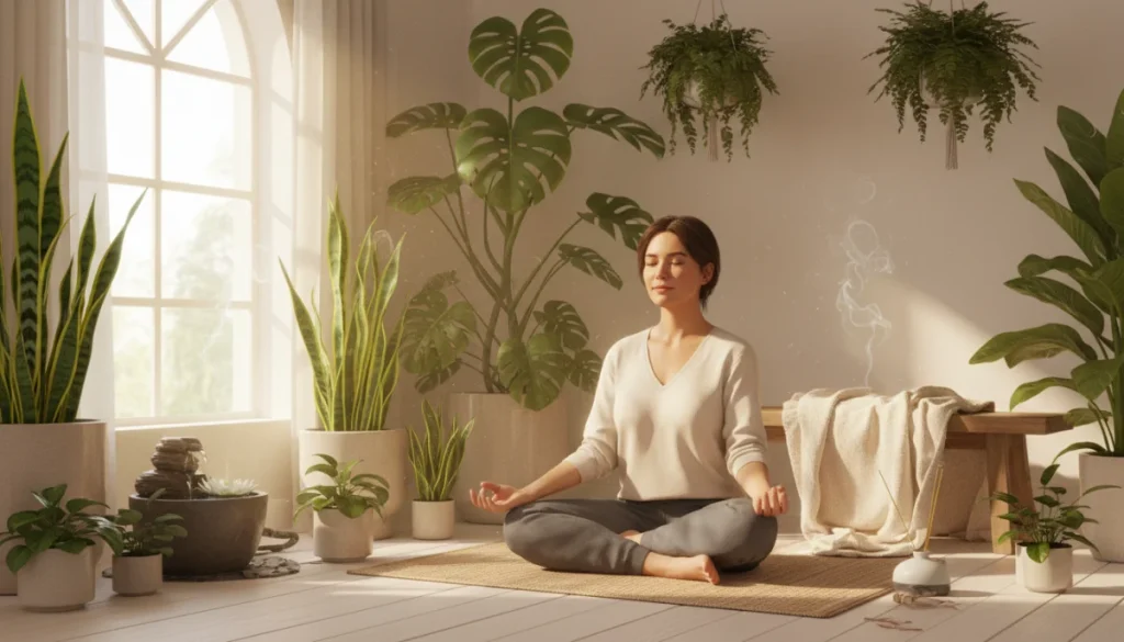 Person meditating peacefully in a sunlit room with plants