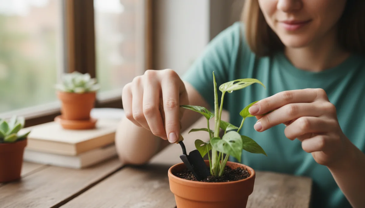 Hands gently tending to an indoor plant, mindful gardening