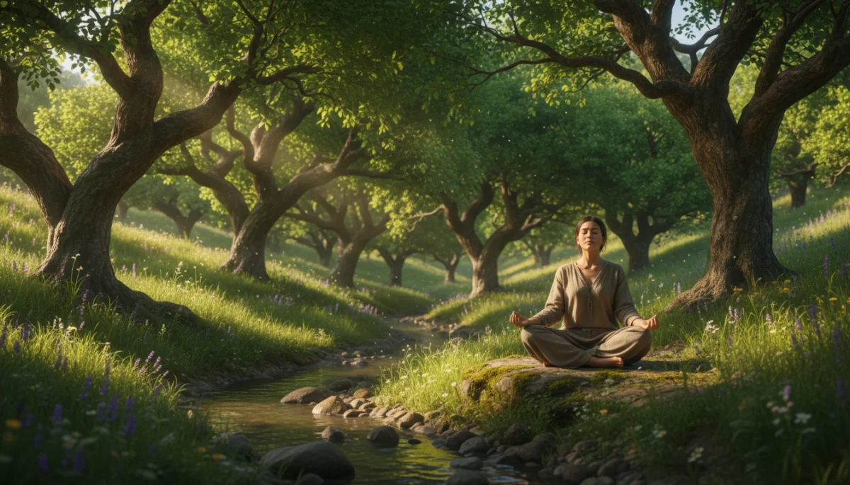 Person meditating in a green park, practicing mindfulness and appreciation.